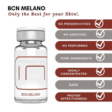 Tópico en la cara o el cuerpo BCN Melano, cóctel con vitamina C, Glutha600, ácido glicólico, kójico y cítrico.  tilice BCN MELANO o para tratar las manchas oscuras,  el color desigual de la piel, las manchas negras o el melasma.