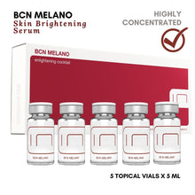 Caja de 5 viales tópicos para la cara o el cuerpo BCN Melano, cóctel con vitamina C, Glutha600, ácido glicólico, kójico y cítrico. Se utiliza BCN MELANO para tratar las manchas oscuras,  el color desigual de la piel, las manchas negras o el melasma.
