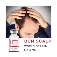 Cuero cabelludo de hombre que indica donde aplicar  BCN Scalp , producto para la caida del cabello. Mesoterapia para fortalecer el cabello. 
